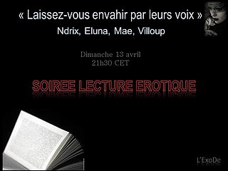 Cliquez sur l'image pour la voir en taille relle

Nom : SOIREE LECTURE EROTIQUE.jpg
Taille : 960x720
Poids : 47,2 Ko
ID : 219723