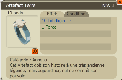 Capture d'écran d'un artefact Terre avec un bonus 10 Intelligence et 1 Force