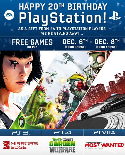 Electronic Arts - Plants vs. Zombies: Garden Warfare, Mirror's Edge et Need for Speed Most Wanted gratuits sur le PSN