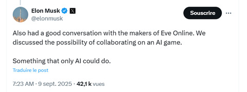 CCP - Elon Musk « discute » avec CCP Games de « la possibilité de collaborer sur un jeu IA »
