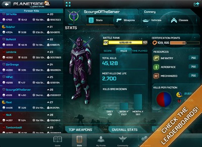 Capture d'écran de l'application mobile de PlanetSide 2
