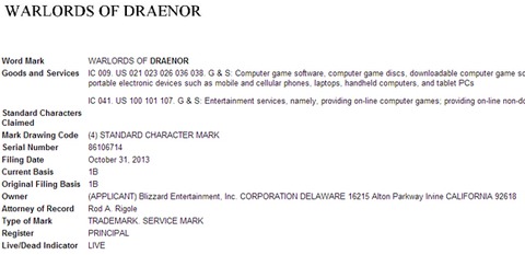 Blizzard Entertainment - Blizzard dépose la marque Warlords of Draenor à travers le monde