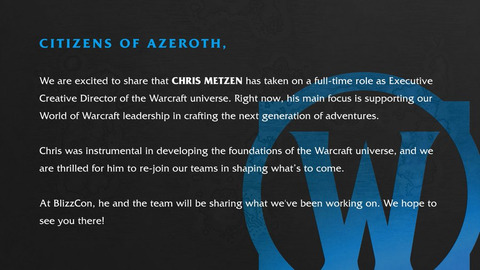 Chris Metzen - Chris Metzen réintègre Blizzard comme directeur créatif exécutif de l'univers Warcraft