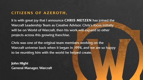 Blizzard Entertainment - Chris Metzen de retour dans l'équipe Warcraft comme « conseiller créatif » chez Blizzard