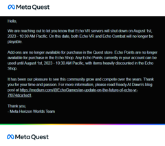 Meta ferme les serveurs du jeu Echo VR le 1er août