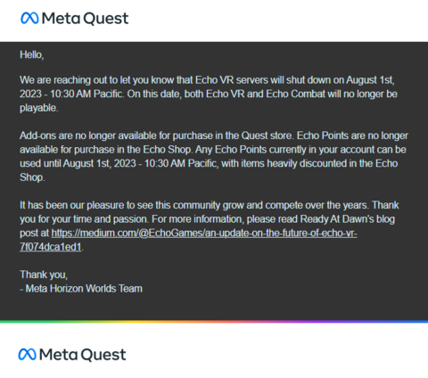 Meta - Meta ferme les serveurs du jeu Echo VR le 1er août