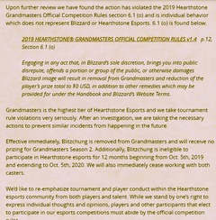 Disqualifié pour avoir soutenu Hong Kong lors des GrandMasters 2019 d'Hearthstone
