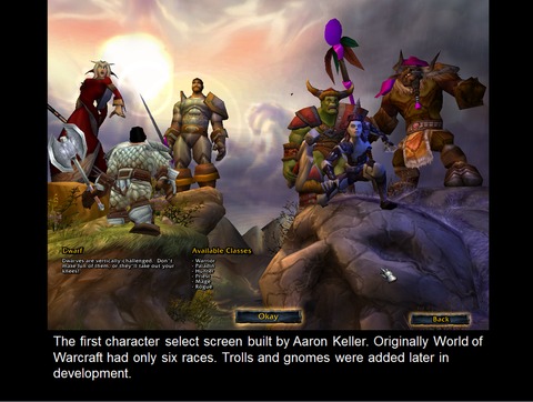 Premier écran de sélection de personnages de World of Warcraft (six races jouables)