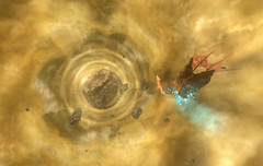 Un vaisseau-roche naviguant dans la Tempête du Deadspell en direction de Ringfell.