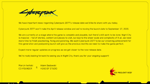 Cyberpunk 2077 - La date de sortie de Cyberpunk 2077 repoussée au 17 septembre 2020