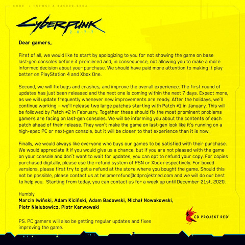 Cyberpunk 2077 - CD Projekt Red présente des excuses et promet d'améliorer Cyberpunk 2077 sur PS4 et Xbox One