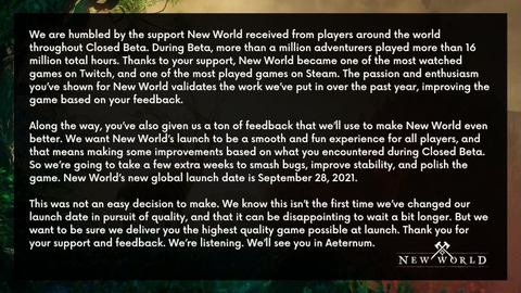 New World - New World repousse une nouvelle fois sa sortie au 28 septembre prochain