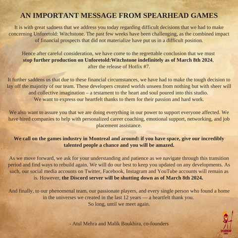 Unforetold: Witchstone - Spearhead Games licencie et interrompt le développement de Unforetold: Witchstone