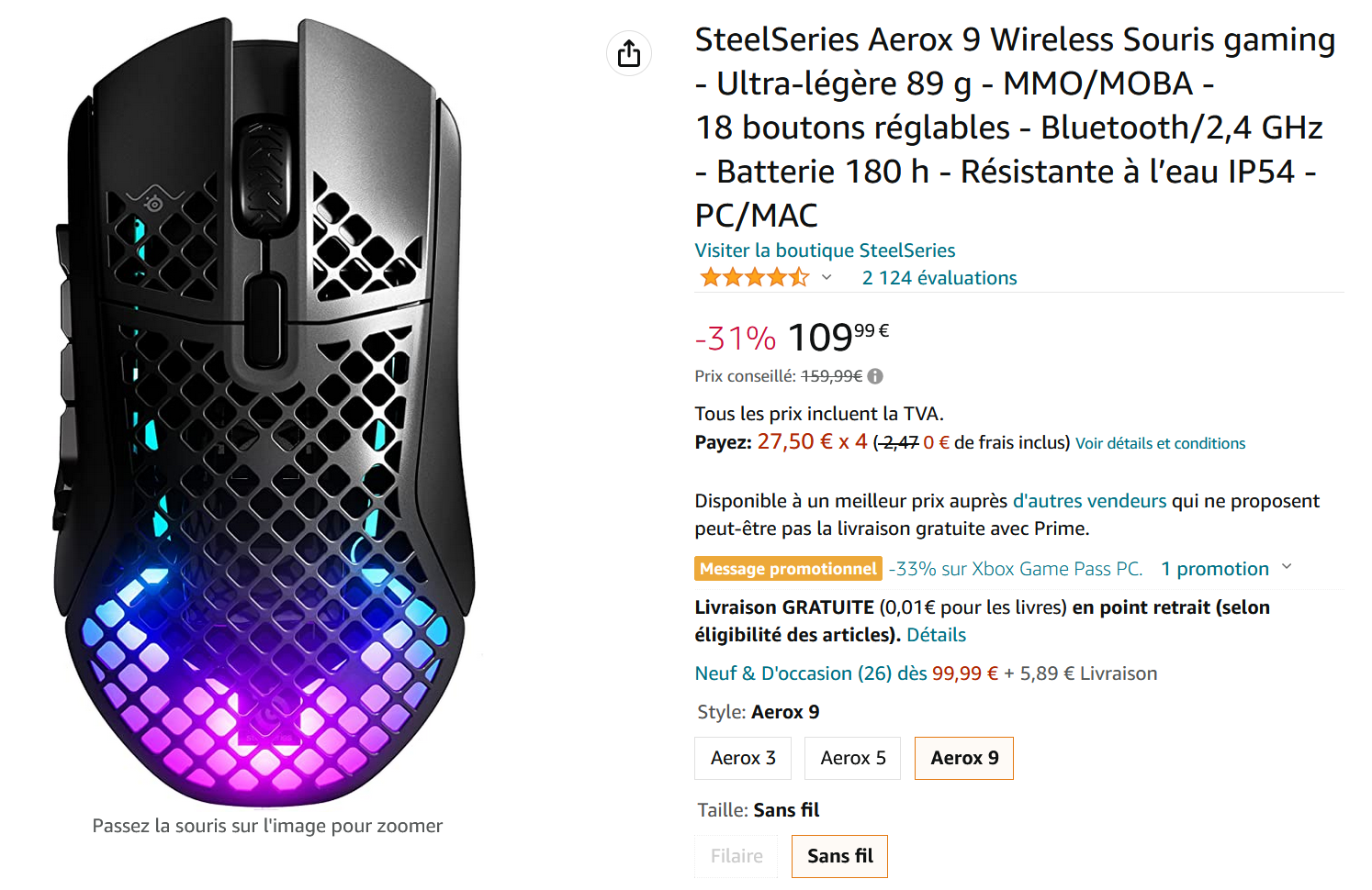 SteelSeries Aerox 9 Wireless Souris gaming - Ultra-légère 89 g - MMO/MOBA -  18 boutons réglables - Bluetooth/2,4 GHz - Batterie 180 h - Résistante à