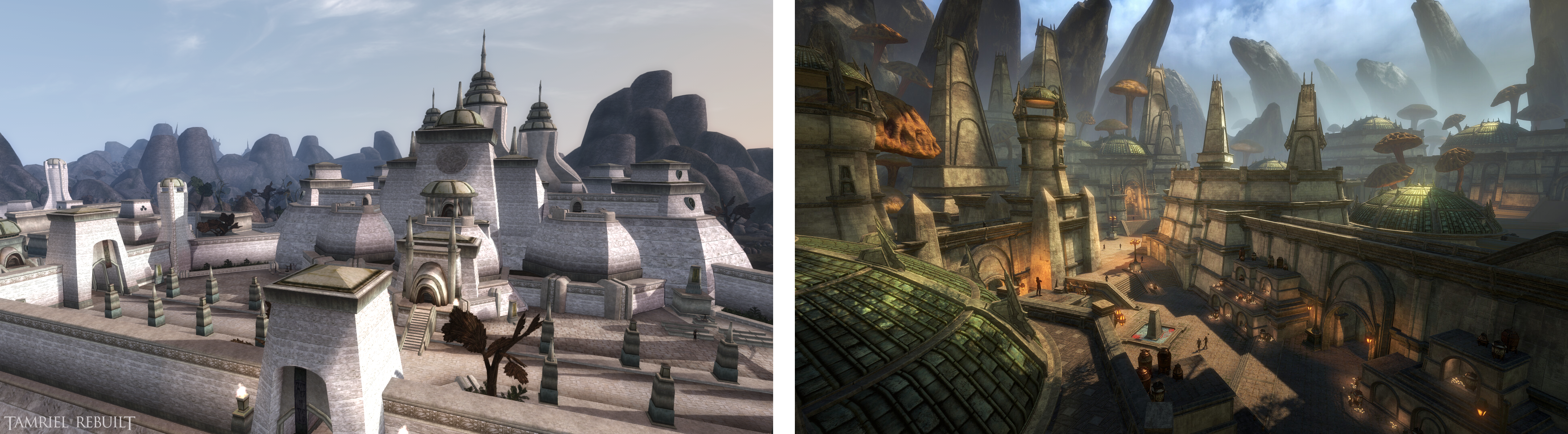 Necrom créée comme mod pour TESIII: Morrowind par Tamriel Rebuilt à gauche et Necrom dans TESO à droite