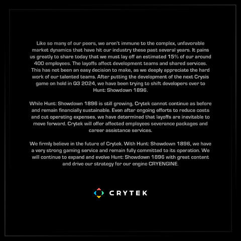 Crytek - Crytek licencie 15% de ses effectifs et met en pause le développement du prochain Crysis